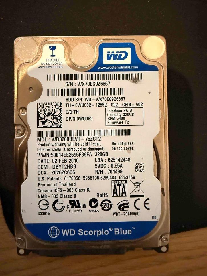 WD 320GB 2.5 inch SATA, Computers en Software, Harde schijven, Zo goed als nieuw, Laptop, Intern, HDD, SATA, Ophalen of Verzenden