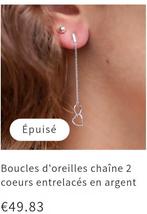 Boucles d'oreilles chaîne avec 2 cœurs entrelacés en argent, Enlèvement ou Envoi, Comme neuf, Argent, Argent