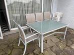 Tuintafel met glazen blad en 6 stoelen waarvan 1 Kunstof ver, Tuin en Terras, Ophalen, Gebruikt