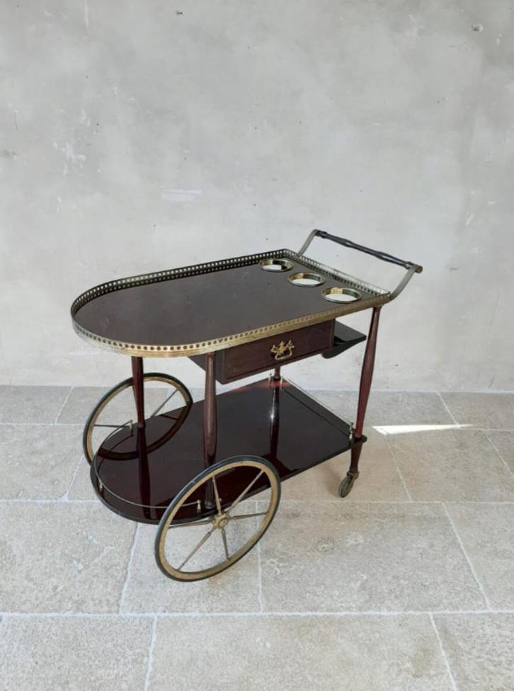 Italiaanse Mahonie en Messing Serveerwagen, Antiek en Kunst, Curiosa en Brocante, Ophalen of Verzenden