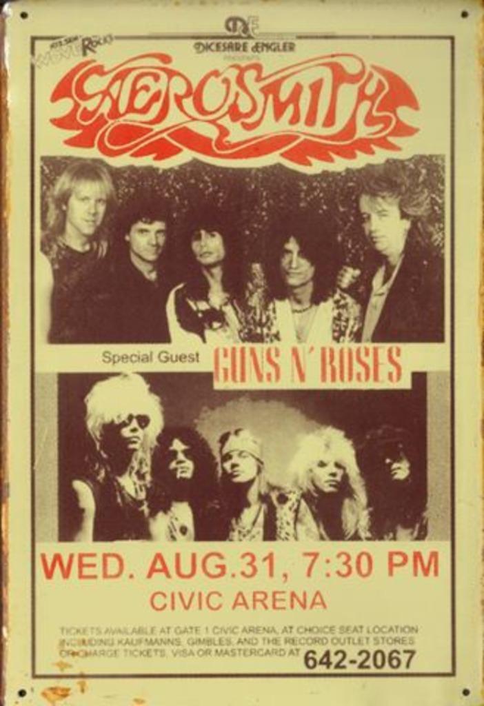 Metalen rusty-old wandplaat Aerosmith & Guns N' Roses, Verzamelen, Muziek, Artiesten en Beroemdheden, Nieuw, Ophalen of Verzenden