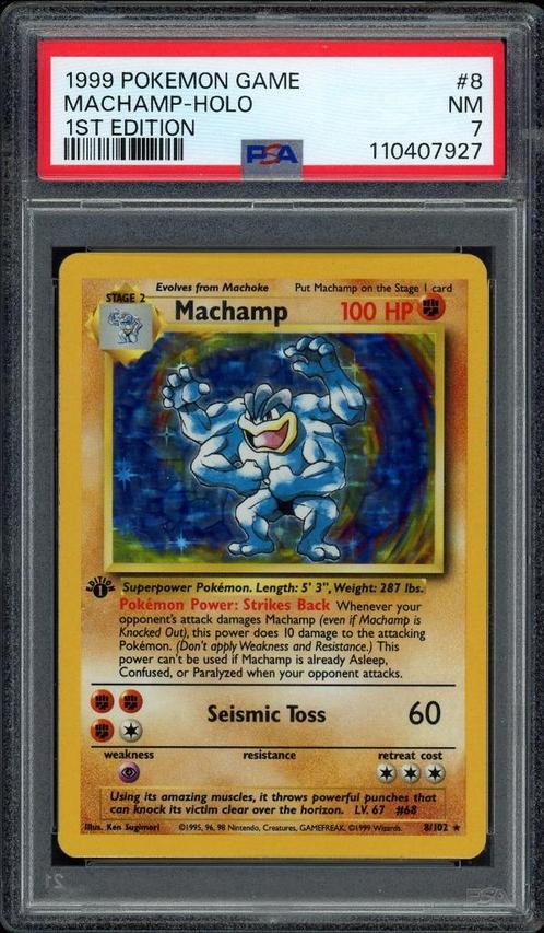 Machamp Holo 1st Edition PSA 7 - 8/102 - Base Set 1999, Hobby en Vrije tijd, Verzamelkaartspellen | Pokémon, Zo goed als nieuw