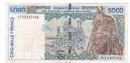 Etats d'Afrique de l'Ouest/Côte d'Ivoire, 5000 Francs, 1997, Timbres & Monnaies, Envoi, Billets en vrac, Autres pays