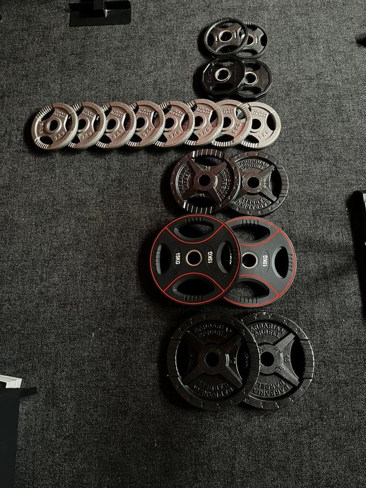 Halterschijven set – 127,5 kg – goede staat, Sport en Fitness, Fitnessmaterialen, Zo goed als nieuw, Halterschijven, Ophalen