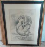 Prachtige Kunsttekening in kader met glas., Enlèvement ou Envoi