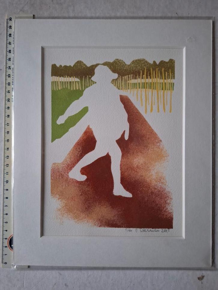 Kleurrijke zeefdruk Elsbeth Veerman "De zaaier" uit 2015, Antiek en Kunst, Kunst | Litho's en Zeefdrukken, Ophalen of Verzenden