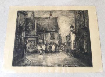 Ets van Tony-Luc Blickx(1926-2000)dorpstafereel gesigneerd beschikbaar voor biedingen