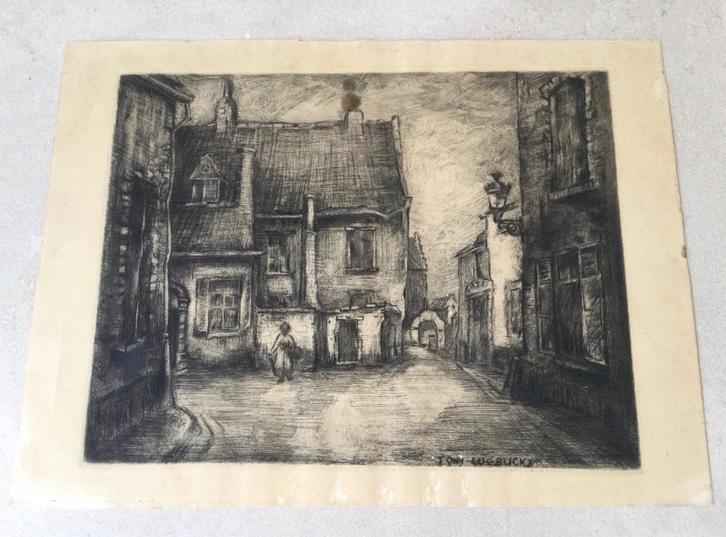 Ets van Tony-Luc Blickx(1926-2000)dorpstafereel gesigneerd, Antiek en Kunst, Kunst | Etsen en Gravures, Verzenden