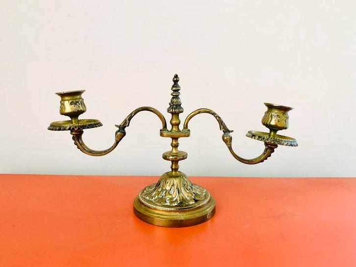 Zeer mooie vintage bronzen kandelaar met 2 lampjes., Antiek en Kunst, Antiek | Kandelaars, Koper of Brons, Ophalen of Verzenden