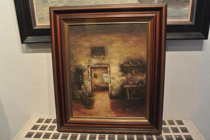 Schild.Gesign. Boereninterieur met Doorkijkje, Antiek en Kunst, Kunst | Schilderijen | Klassiek, Ophalen of Verzenden
