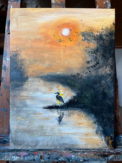Schilderij met reiger door Mk Art, Antiek en Kunst, Kunst | Schilderijen | Modern, Ophalen of Verzenden