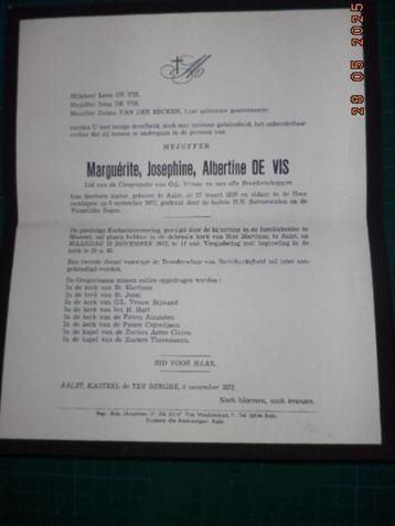 AALST: doodsbrief Marguérite DE VIS. Zeer goede staat. beschikbaar voor biedingen