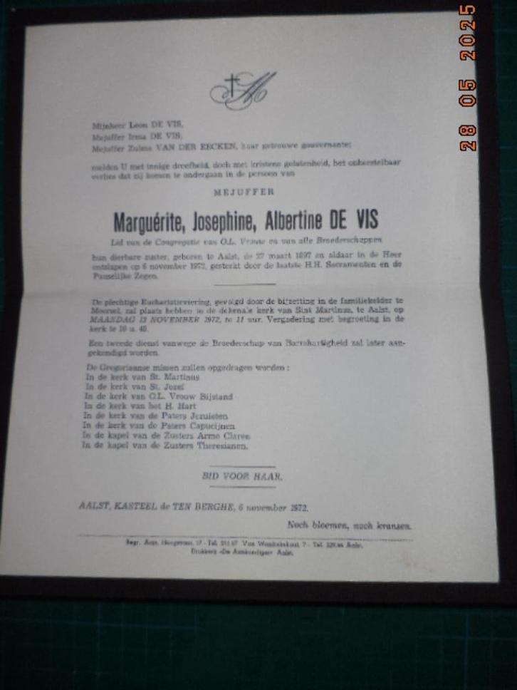AALST: doodsbrief Marguérite DE VIS. Zeer goede staat., Verzamelen, Bidprentjes en Rouwkaarten, Rouwkaart, Ophalen of Verzenden