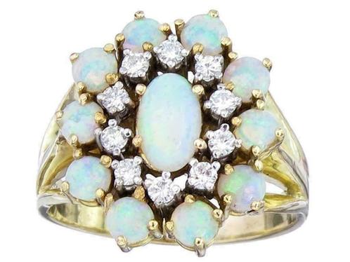 14 KARAAT GEEL GOUDEN RING MET VOLLE OPALEN EN DIAMANTEN, Handtassen en Accessoires, Antieke sieraden, Ring, Goud, Met edelsteen