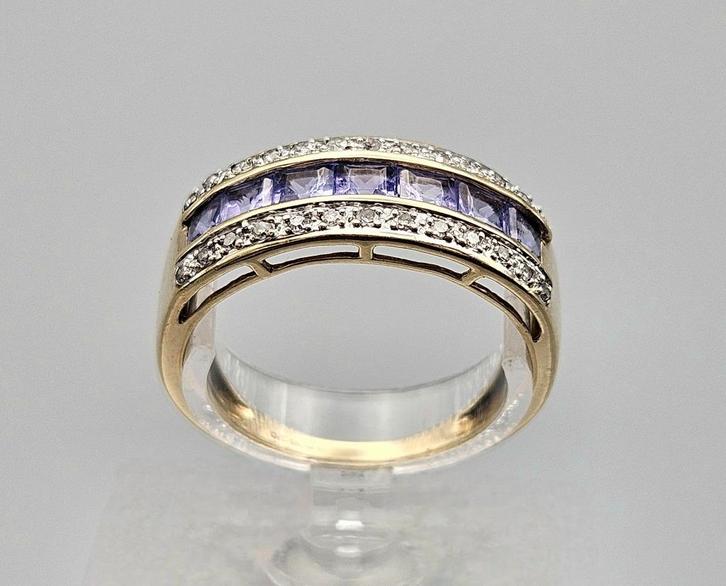 Gouden Vintage ring edelsteen tanzaniet en diamant. 2024/357, Handtassen en Accessoires, Ringen, Zo goed als nieuw, Dame of Heer