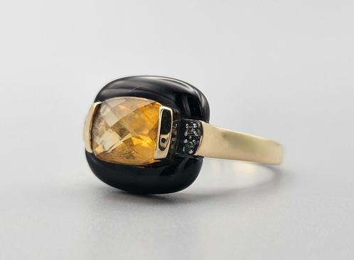 Gouden Vintage ring met onyx citrienen en diamant. 2024/75, Handtassen en Accessoires, Ringen, Zo goed als nieuw, Dame, 17 tot 18