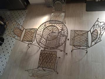 Ancien ensemble de jardin en fer forgé pliant, Comme neuf, Autres matériaux, Sets de jardin, Chaise
