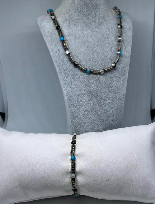 Zilveren ketting en armband met maansteen , turkoois en onyx, Handtassen en Accessoires, Armbanden, Nieuw, Zilver, Overige kleuren