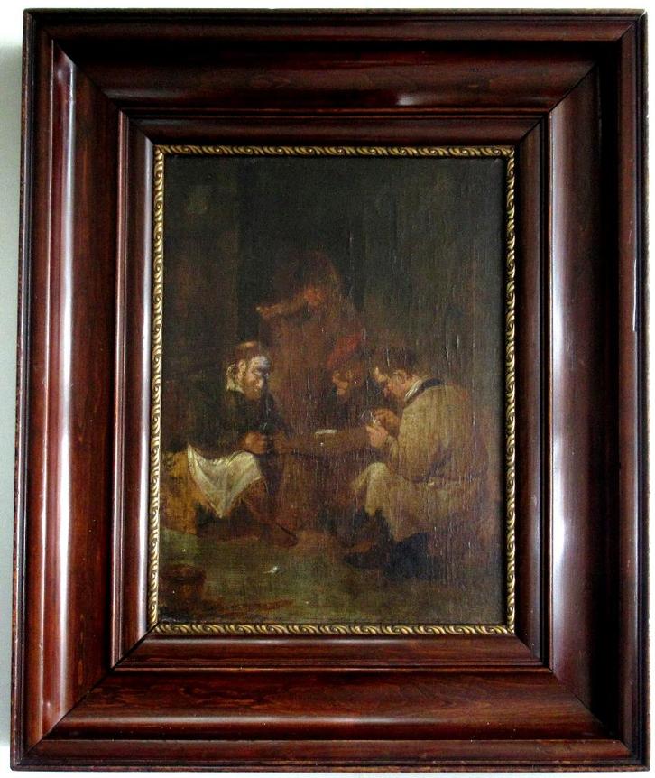 Antiek schilderij The Card Players olieverf linnen op paneel, Antiek en Kunst, Kunst | Schilderijen | Klassiek, Ophalen of Verzenden