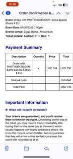 Drake Tickets Ziggo Dome 30 juli 2025 / 4 stuks, Drie personen of meer, Juli
