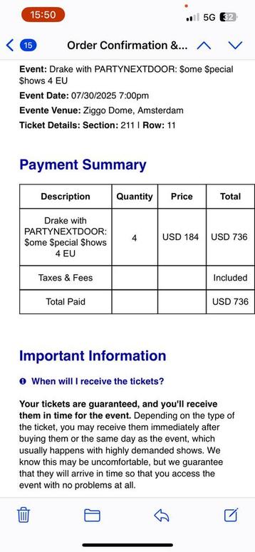 Drake Tickets Ziggo Dome 30 juli 2025 / 4 stuks beschikbaar voor biedingen