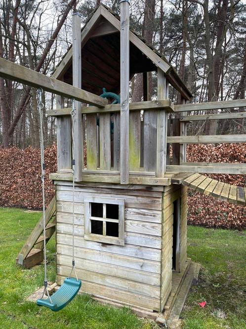 Speelhuisje met schommel/schuifaf/klimmuur, Kinderen en Baby's, Speelgoed | Buiten | Speelhuisjes, Gebruikt, Hout, Ophalen