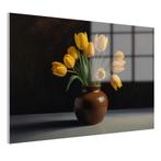Gele tulpen in bruine vaas Glasschilderij 105x70cm + Ophangs, Verzenden