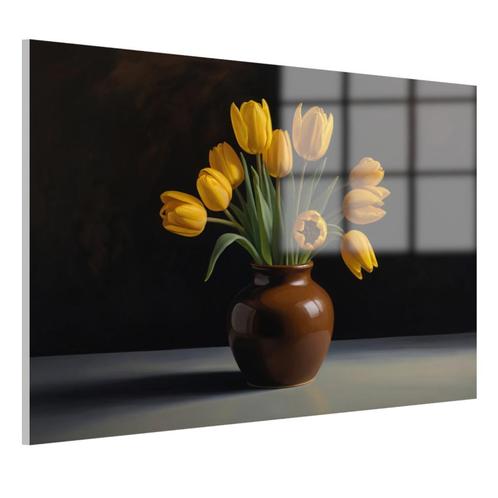 Gele tulpen in bruine vaas Glasschilderij 105x70cm + Ophangs, Antiek en Kunst, Kunst | Schilderijen | Klassiek, Verzenden