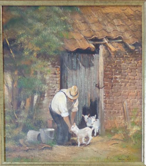 LEON ENGELEN / GEITJES BIJ BOER / OLIEVERF DOEK / 73x68cm, Antiek en Kunst, Kunst | Schilderijen | Klassiek, Ophalen