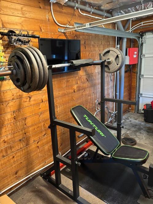 Home gym bankdruk squat rack + gewichten, Sport en Fitness, Fitnessmaterialen, Gebruikt, Halterset, Ophalen