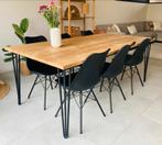 Tafel steigerhout 200 x 100 cm + 6 zwarte stoelen, Ophalen, Metaal, 50 tot 100 cm, Zo goed als nieuw