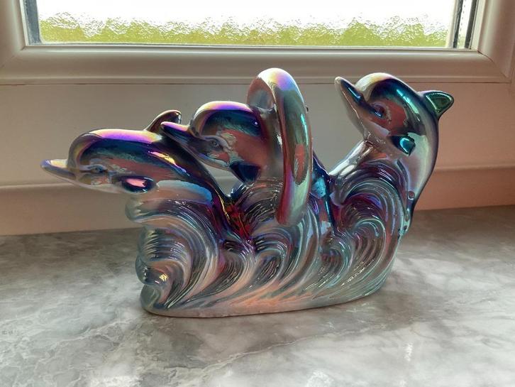 Vintage jaren '90 Dolfijnen - blauw iriserend parelmoerachti, Antiek en Kunst, Antiek | Glaswerk en Kristal, Ophalen of Verzenden