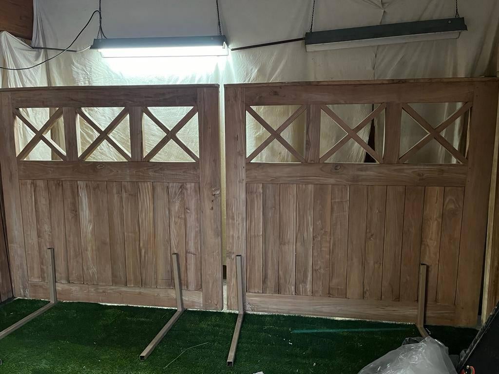 Dubbel poortvleugel Teak met kruis, Jardin & Terrasse, Portes de jardin, Neuf, Portail battant, 150 à 200 cm, Bois