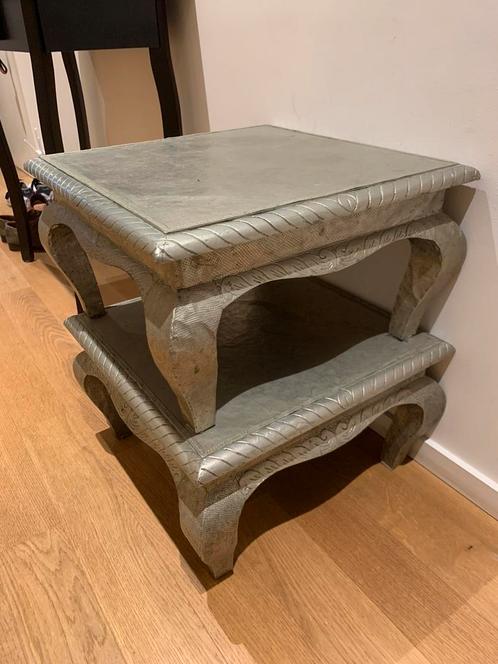 Twee salontafels in opiumstijl in gehamerd aluminium, Huis en Inrichting, Tafels | Bijzettafels, Gebruikt, Minder dan 45 cm, Ophalen