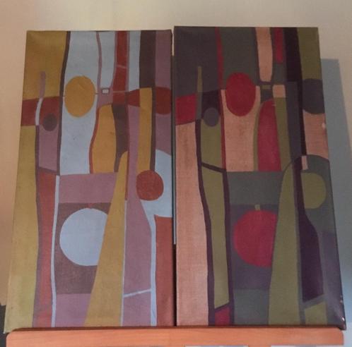 2 st. fifties, lange, grafische schilderijen op linnen doek, Antiek en Kunst, Kunst | Schilderijen | Abstract, Ophalen of Verzenden