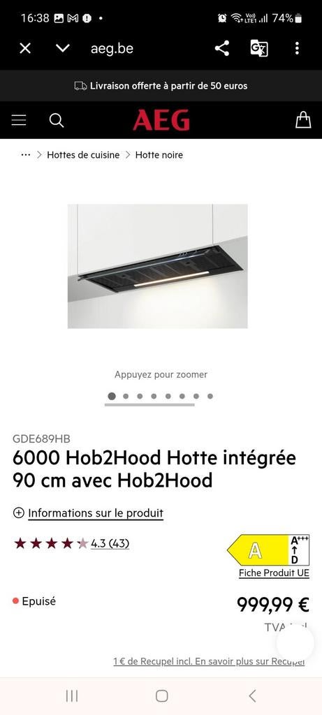 Hotte AEG neuf encastrable neuf 90cm, Electroménager, Hottes, Recyclage, Enlèvement