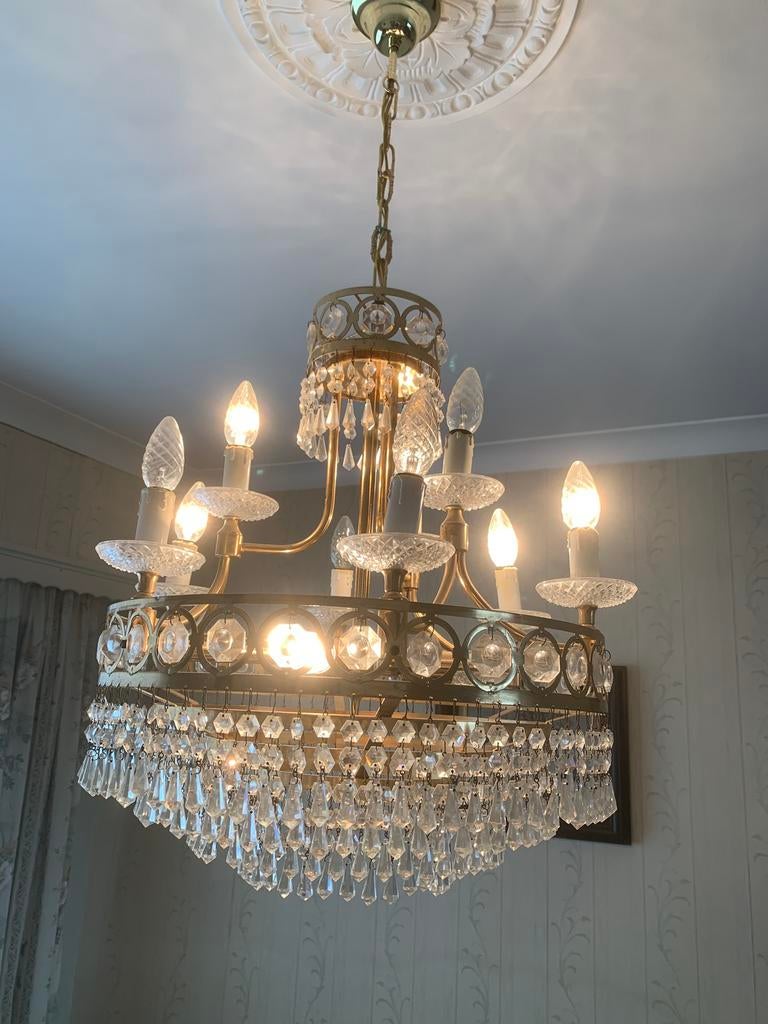 Echte kristallen luchters, 3 grote en 2 wand, Huis en Inrichting, Lampen | Kroonluchters, Ophalen, Gebruikt