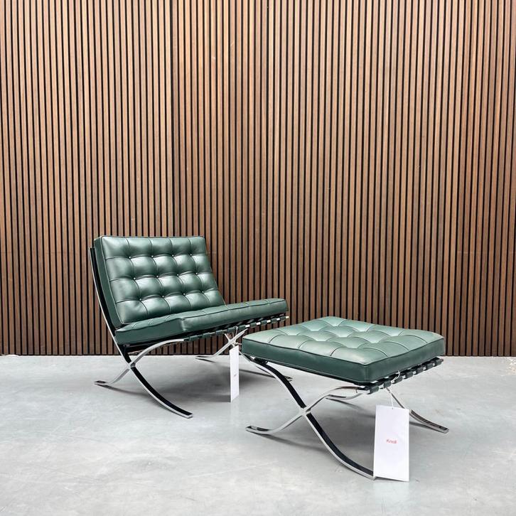 Knoll Barcelona chair (evt. met ottoman) Bauhaus green, Antiek en Kunst, Antiek | Meubels | Stoelen en Sofa's