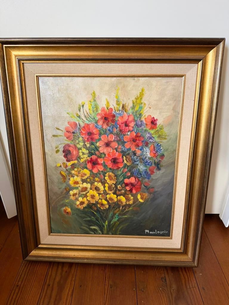 Schilderij met kader (58x68 cm) - bloemen - olie op doek, Antiquités & Art, Art | Peinture | Classique, Enlèvement