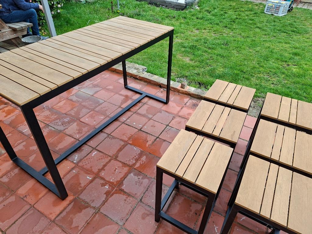 Vinci terras barset hout - zwart metaal, Ophalen, 6 zitplaatsen, Zo goed als nieuw, Tuinset