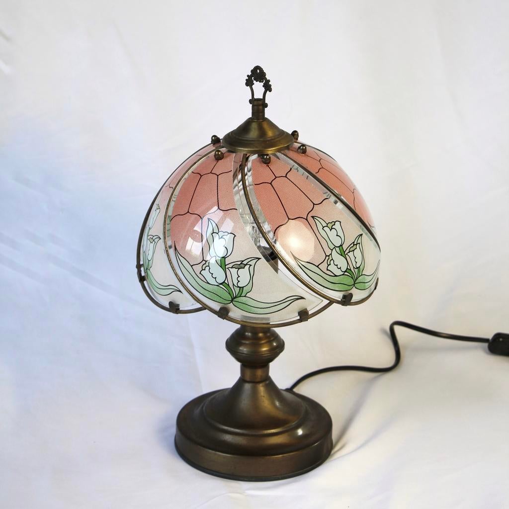 Vintage Tafellamp – Messing & Glas Tiffany Stijl Bloemmotief, Ophalen of Verzenden