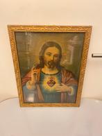 Antieke schilderij - Heilig Hart - Jezus - 47 cm x 38 cm, Ophalen of Verzenden