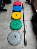 150kg Gekleurde Bumperplates met Olympische Barbell, Sport en Fitness, Fitnessmaterialen, Ophalen, Gebruikt, Halterschijven