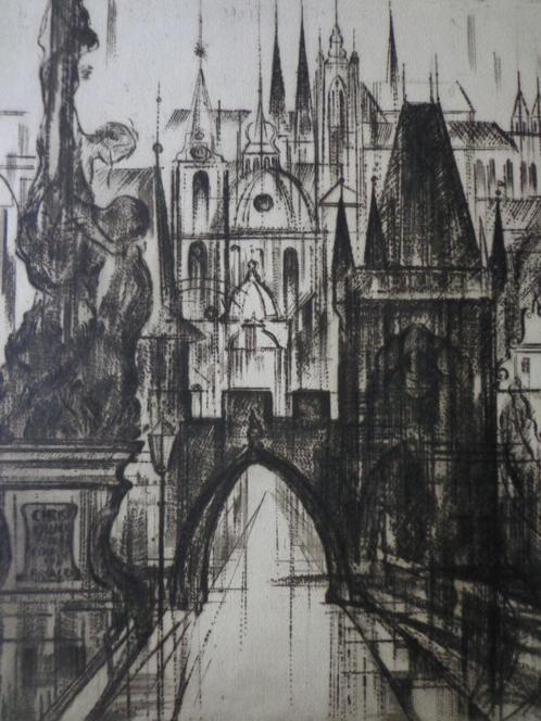 grote ets Praag Karelsbrug onleesbaar gesigneerd, Antiek en Kunst, Kunst | Etsen en Gravures, Ophalen of Verzenden