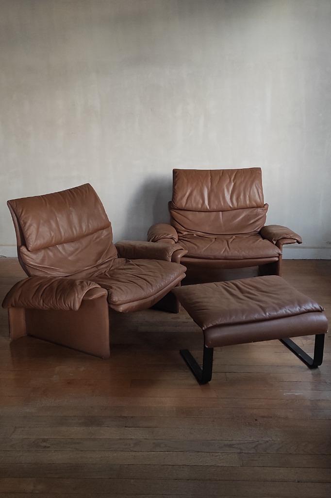 Ensemble Saporiti 2 Fauteuils + Ottoman, Huis en Inrichting, Fauteuils, Gebruikt, Leer, 75 tot 100 cm, 75 tot 100 cm, Ophalen of Verzenden