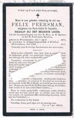 Soldaat. Peersman Felix. ° Waesmunster 1879 † Weilhem 1917, Ophalen of Verzenden, Bidprentje