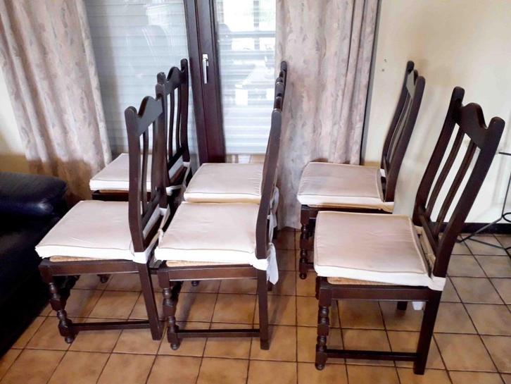 Stoelen, Huis en Inrichting, Stoelen, Gebruikt, Vijf, Zes of meer stoelen, Hout, Riet of Rotan, Stof, Bruin, Ophalen