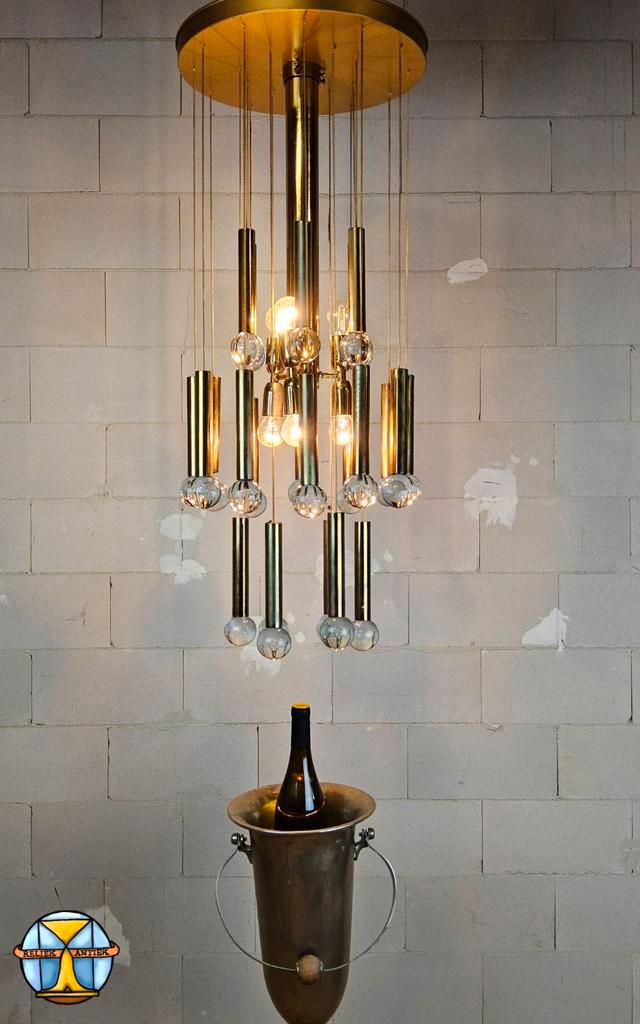 Vintage Itilian design kroonluchter gaetano sciolari (1970), Huis en Inrichting, Lampen | Kroonluchters, Zo goed als nieuw, Glas