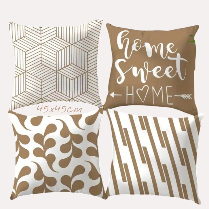 Set van 4 kussenhoezen bruin home sweet home 45x45cm, Huis en Inrichting, Woonaccessoires | Kussens, Nieuw, Bruin, Vierkant, Verzenden