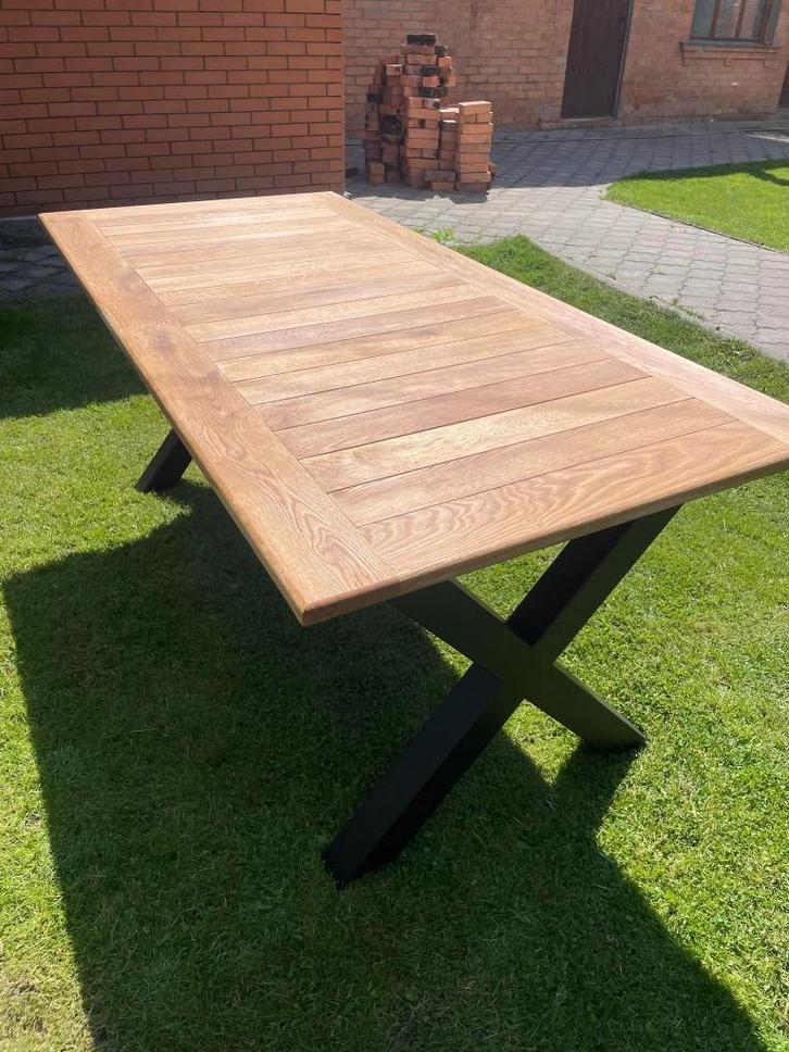 ACTIE: Eiken eettafel met stalen X poot - ook voor buiten, Huis en Inrichting, Tafels | Eettafels, Nieuw, 50 tot 100 cm, 150 tot 200 cm
